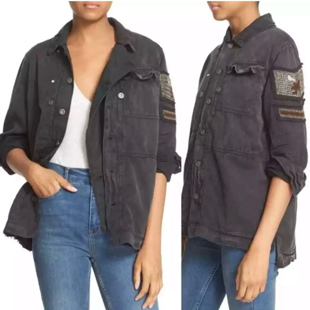 Free People Embellished Military Shirt Jacket Oversized Gunmetal Eagle Beaded M